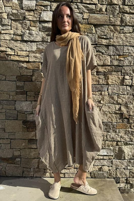 Salcombe Chalk Stripe Cotton Cocoon Dress Tan